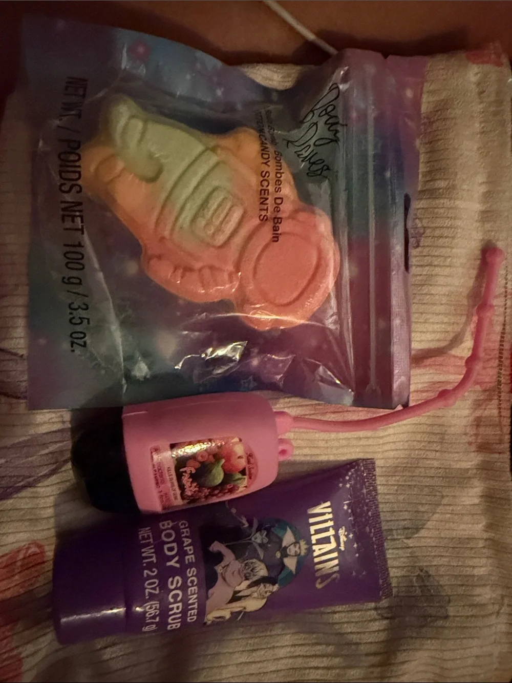 Disney Villains Grape Body Scrub + Pink Hand Sanitizer & astronaut Bath Bomb